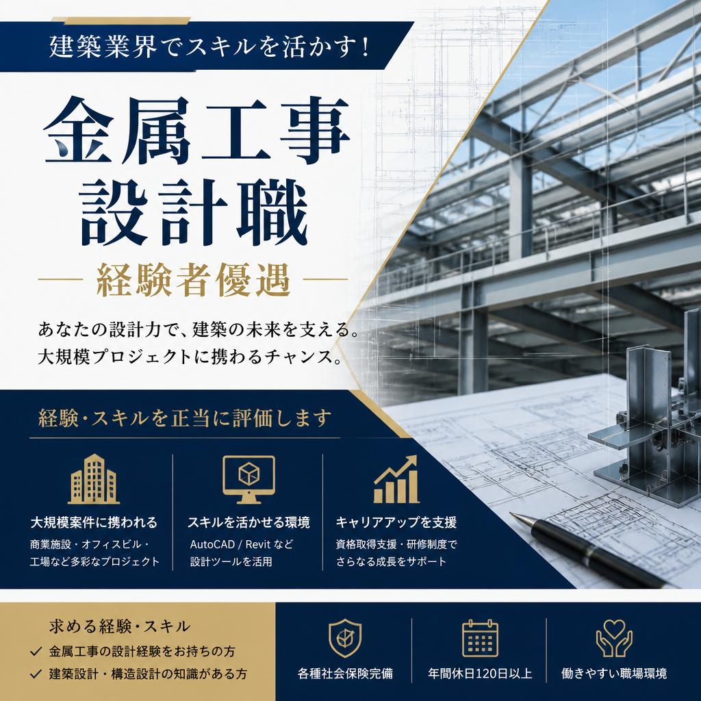 建築業界でスキルを活かす！経験者優遇の金属工事設計職