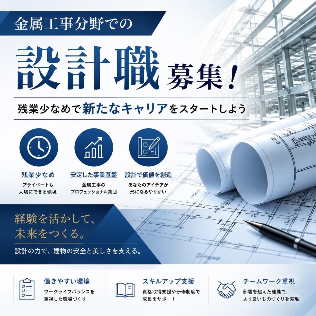 金属工事分野での設計職募集！残業少なめで新たなキャリアをスタートしよう