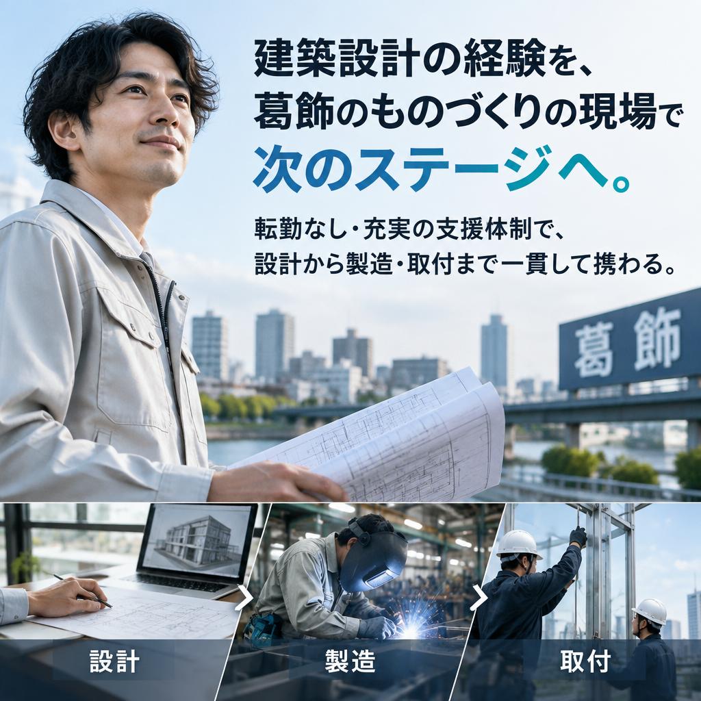建築設計の経験を、葛飾のものづくりの現場で次のステージへ。転勤なし・充実の支援体制で、設計から製造・取付まで一貫して携わる。